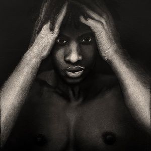 "Listen" Black Trans Man Drawing (White Charcoal on Black Paper)